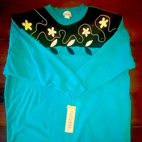 Vintage Sweater Turquoise Floral and Lace Detailing 80s New With Tags - Picture 3 of 8